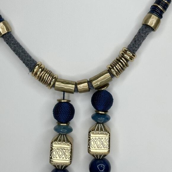 Chico's Chunky Blue Beaded Tassel Pendant Gold Tone Necklace ✨ - Picture 5 of 10